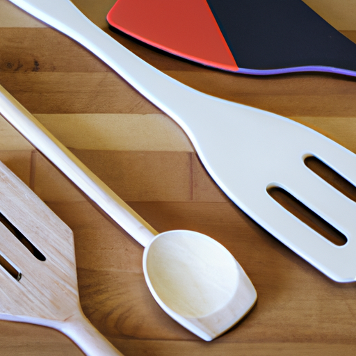 Various cooking utensils including silicone spatula and wooden spoon